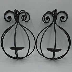 Black Wrought Iron Wall Candle Holders Sconces - Set Of 2